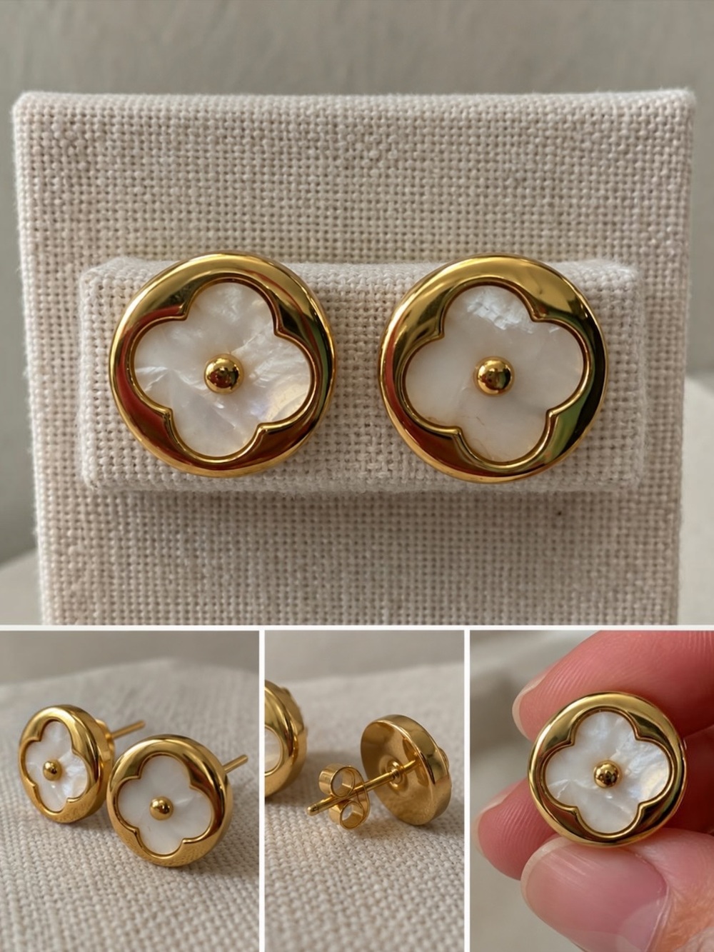 NEW Gold Stainless Steel White Clover Stud Earrings Statement Jewelry